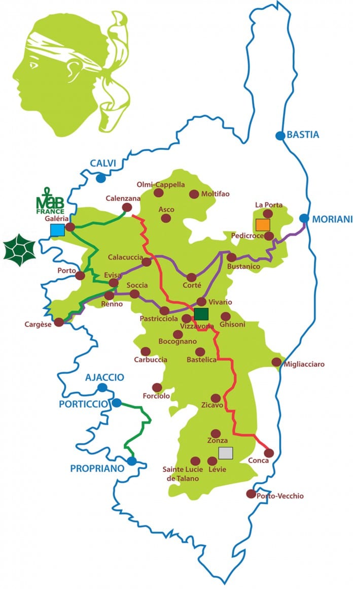 Plan GR20 chemins de randonnées du Parc Naturel Régional de Corse